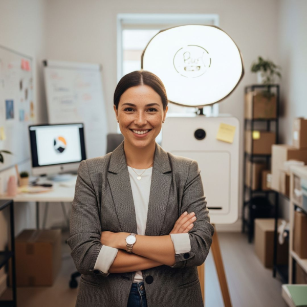 a proud female entrepreneur standing with arms crossed in her small, startup office space