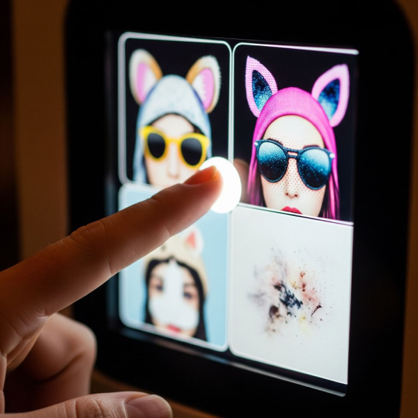 Person's finger touching a photobooth screen with creative filter options.