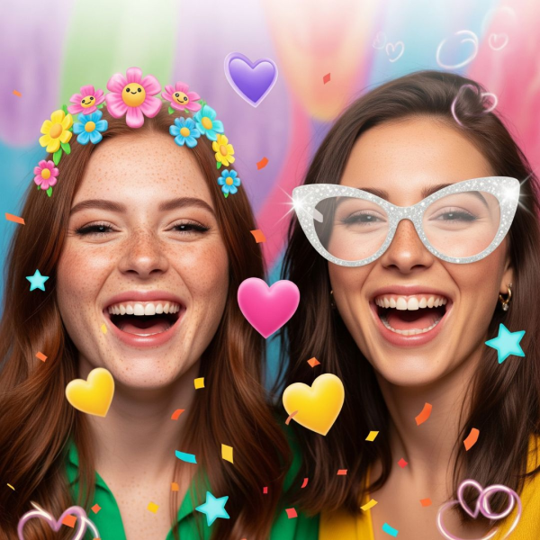 Two women laughing with augmented reality graphics from a photobooth.