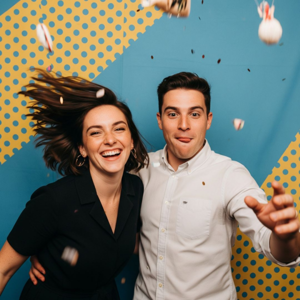A couple in motion creating a fun boomerang video at a photobooth.