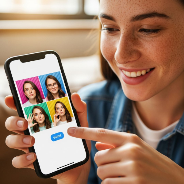 Person smiling at a smartphone, sharing their photobooth photo online.